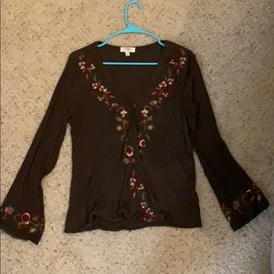 Umgee Embroidered Surplice Blouse - Olive